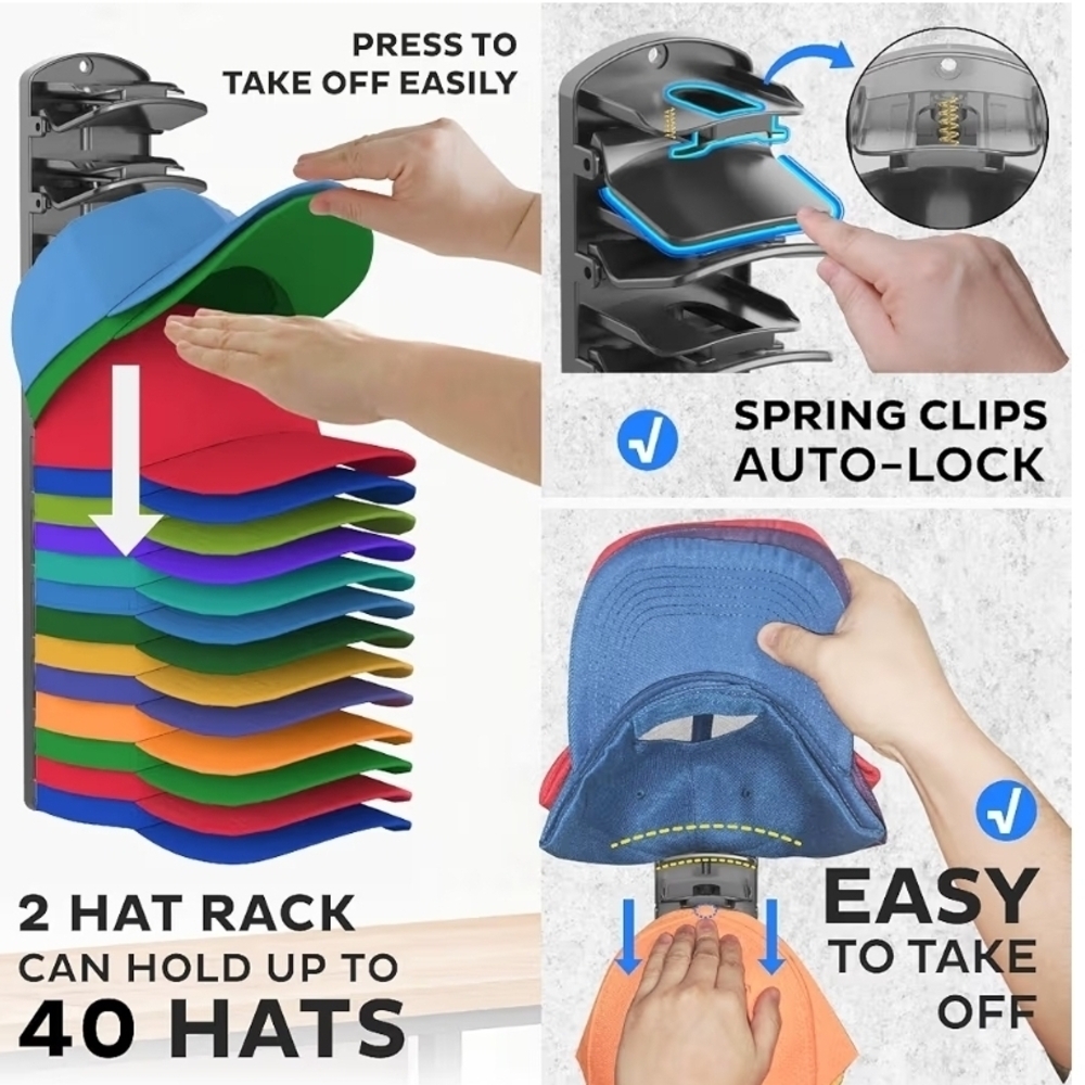 Double Capacity Hat Organizer for Baseball Caps 2 Packs2 Pack Hat Organizer Rack - Picture 4 of 8